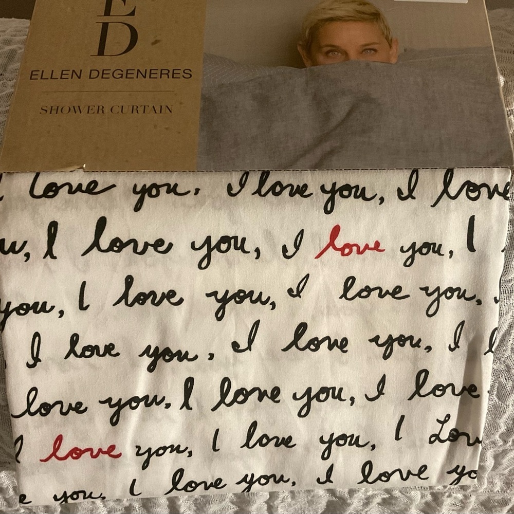 Ellen DeGeneres White and Black I L❤️VE YOU…Shower Curtain💌